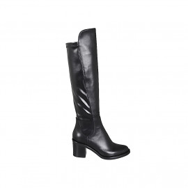 Woman's boot with half zipper in black leather and elastic material heel 6 - Available sizes:  32, 33