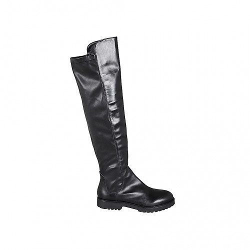 Bota a la rodilla para mujer con media cremallera en tejido elastico y piel negra tacon 3 - Tallas disponibles:  42, 43, 44, 45, 46, 47