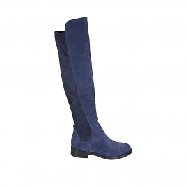 Botas a la rodilla para mujer en gamuza y material elastico azul tacon 3 - Tallas disponibles:  34