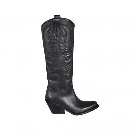 Woman's Texan boot with zipper and embroidery in black leather heel 7 - Available sizes:  32, 33, 34, 43