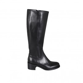 Woman's boot with elastic and zipper in black leather with heel 5 - Available sizes:  32, 33, 45