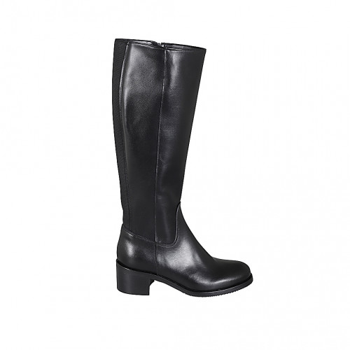 Stivale da donna con elastico e cerniera in pelle nera con tacco 5 - Misure disponibili: 32, 33, 34, 42, 43, 44, 45, 46, 47