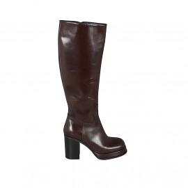 Woman's boot with squared tip, zipper and platform in brown leather heel 8 - Available sizes:  34, 42, 43, 44