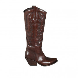 Woman's Texan boot with zipper and embroidery in brown leather heel 7 - Available sizes:  33, 34