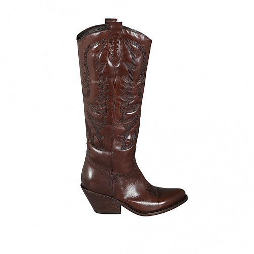 Bottes Texan pour femmes avec fermeture éclair et broderie en cuir marron talon 7 - Pointures disponibles:  33, 34