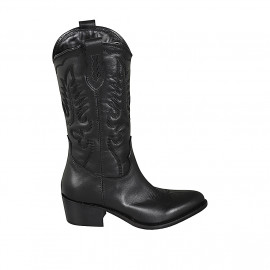 Bota tejana para mujer con media cremallera y bordado en piel negra tacon 5 - Tallas disponibles:  34