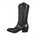 Woman's Texan boot with half zipper and embroidery in black leather heel 5 - Available sizes:  32, 33, 34, 42, 43, 44, 46, 47