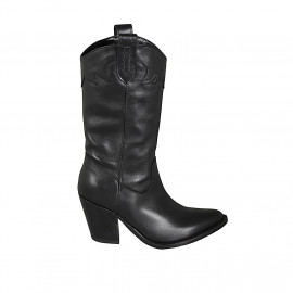 Bota tejana para mujer con media cremallera y bordado en piel negra tacon 8 - Tallas disponibles:  32, 33, 34, 43, 44