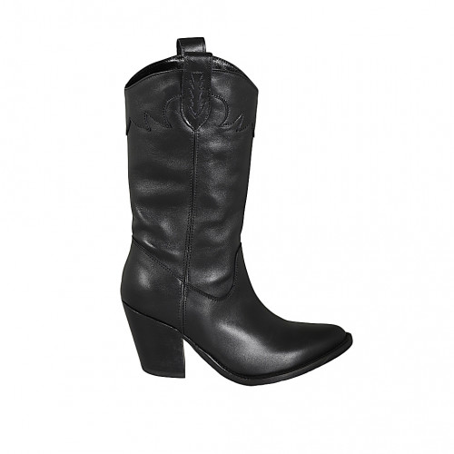 Bota tejana para mujer con media cremallera y bordado en piel negra tacon 8 - Tallas disponibles:  32, 33, 34, 42, 43, 44, 45, 46, 47