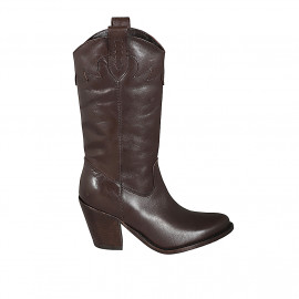 Woman's Texan boot with half zipper and embroidery in brown leather heel 8 - Available sizes:  32, 33, 34, 42, 43, 44