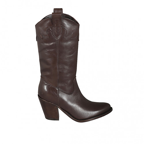 Woman's Texan boot with half zipper and embroidery in brown leather heel 8 - Available sizes:  32, 33, 34, 42, 43, 44, 45, 46