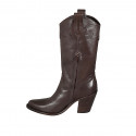 Woman's Texan boot with half zipper and embroidery in brown leather heel 8 - Available sizes:  32, 33, 34, 42, 43, 44, 45, 46