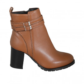 Woman's ankle boot with zipper and buckles in cognac brown leather heel 7 - Available sizes:  33, 42, 43, 44