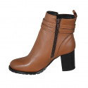 Botines para mujer con cremallera y hebillas en piel cognac tacon 7 - Tallas disponibles:  32, 33, 34, 42, 43, 44, 45