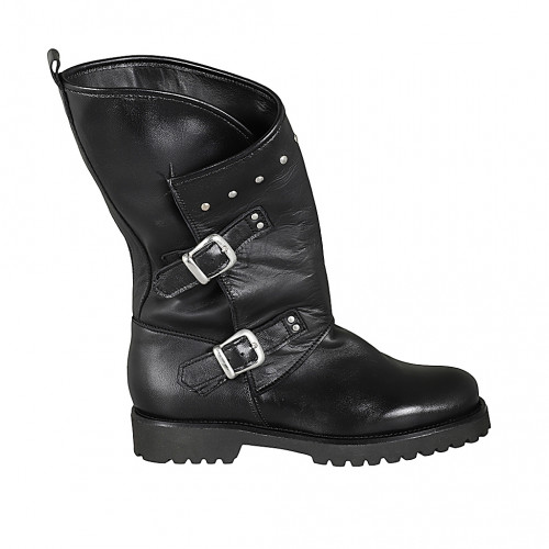 Botin para mujer con tachuelas y hebillas en piel negra tacon 3 - Tallas disponibles:  33, 43, 45