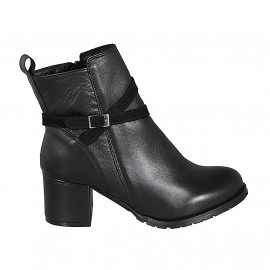 Woman's ankle boot in black leather with zipper and suede buckle heel 5 - Available sizes:  32, 33, 43, 44, 45