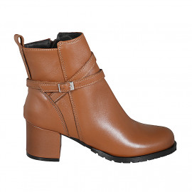 Woman's ankle boot in cognac brown leather with zipper and buckle heel 5 - Available sizes:  32, 33, 35, 42, 43, 44, 45