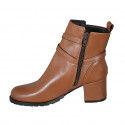 Botines para mujer en piel cognac con hebilla y cremallera tacon 5 - Tallas disponibles:  32, 33, 34, 35, 42, 43, 44, 45