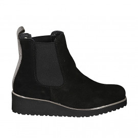 Woman's ankle boot with elastic in black suede and grey laminated leather wedge heel 4 - Available sizes:  33, 35, 42