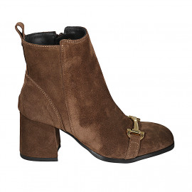 Woman's squared tip ankle boot with zipper and accessory in brown suede heel 6 - Available sizes:  42, 45