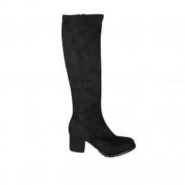 Botas a la rodilla para mujer en gamuza y material elastico negro con cremallera tacon 5 - Tallas disponibles:  32, 33, 34