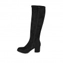 Botas a la rodilla para mujer en gamuza y material elastico negro con cremallera tacon 5 - Tallas disponibles:  32, 33, 34, 35, 42, 43, 44, 45