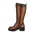 Woman's laced boot with zipper in cognac brown leather heel 5 - Available sizes:  32, 33, 34, 42, 43, 44, 45