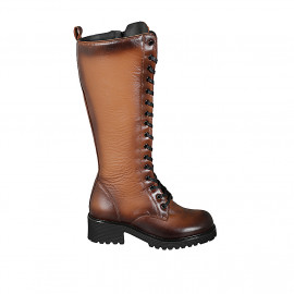 Woman's laced boot with zipper in cognac brown leather heel 5 - Available sizes:  34, 43