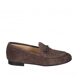 Woman's moccasin shoe with studs and accessory in taupe suede heel 1 - Available sizes:  32, 35, 42, 43, 44