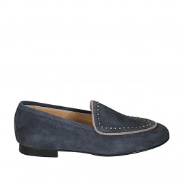 Woman's moccasin shoe with studs in blue suede heel 1 - Available sizes:  32, 34, 35, 42, 43, 46