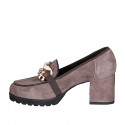 Woman's mocassin with chain in taupe suede heel 6 - Available sizes:  32, 33, 34, 35, 42, 43, 44, 45