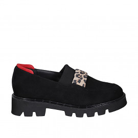 Woman's highfronted shoe with accessory in black, spotted and red suede and black elastic fabric heel 4 - Available sizes:  33, 45