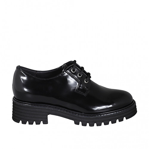 Zapato derby con cordones para mujer en piel cepillada negra tacon 4 - Tallas disponibles:  32, 33, 34, 35, 42, 43, 44, 45