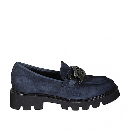 Woman's mocassin with chain in blue suede heel 4 - Available sizes:  32, 33, 34, 42, 43, 44, 45