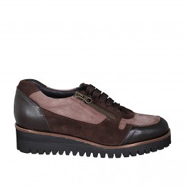 Chaussure pour femmes à lacets et fermetures éclair en cuir, daim et cuir verni marron talon compensé 4 - Pointures disponibles:  32, 33, 45