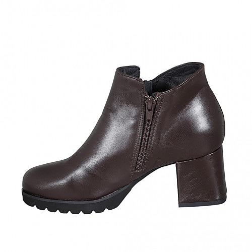 Botines para mujer en piel marron con cremalleras tacon 6 - Tallas disponibles:  32, 33, 34, 35, 42, 43, 44, 45