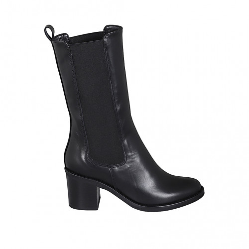 Stivaletto alto con elastici da donna in pelle nera tacco 6 - Misure disponibili: 32, 33, 34, 35, 42, 43, 44, 45, 46, 47