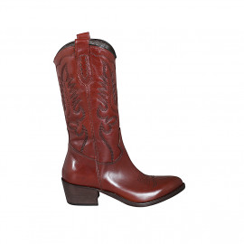 Woman's Texan boot with half zipper and embroidery in cognac brown leather heel 5 - Available sizes:  32, 33, 45