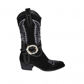 Woman's Texan boot with half zipper, rhinestone buckle and white embroidery in black suede heel 5 - Available sizes:  32, 33, 34, 45