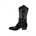 Bottes Texan pour femmes avec demi fermeture éclair, boucle avec strass et broderie blanc en daim noir talon 5 - Pointures disponibles:  32, 33, 34, 42, 43, 44, 45, 47