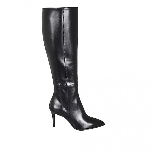 Woman's pointy boot in black leather with zipper and heel 7 - Available sizes:  33, 34, 43, 44, 46