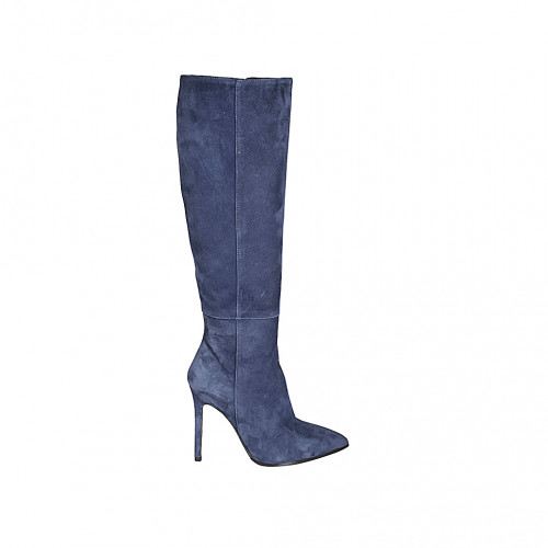 Botas a punta en gamuza azul con cremallera para mujer tacon 10 - Tallas disponibles:  32, 34, 42, 43, 47