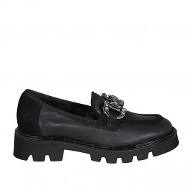 Woman's mocassin with accessory and rhinestones in black leather and suede heel 4 - Available sizes:  32, 33, 34, 35, 43, 45