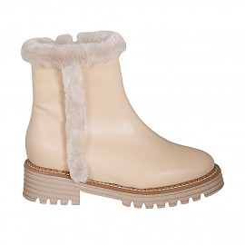 Woman's ankle boot in beige leather with zipper and fur lining heel 4 - Available sizes:  32, 33, 45