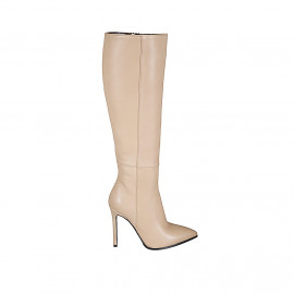 Bottes à bout pointu pour femmes en cuir beige avec fermeture éclair talon 10 - Pointures disponibles:  33, 34, 42