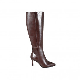 Woman's pointy boot in brown leather with zipper and heel 7 - Available sizes:  32, 33