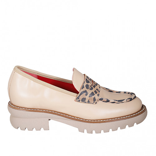 Mocassino da donna in pelle nude con mascherina in pelle con stampa maculata tacco 4 - Misure disponibili: 32, 33, 34, 42, 43, 44