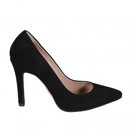 Zapato de salon a punta para mujer en gamuza negra con tacon 10 - Tallas disponibles:  31, 32, 33, 34, 43, 44