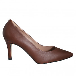 Zapato de salon a punta para mujer en piel marron tacon 7 - Tallas disponibles:  31, 32, 33, 35, 43, 44