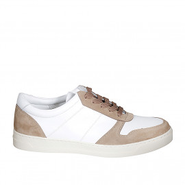 Zapato para mujer con cordones y plantilla extraible en piel blanca y gamuza beis cuña 3 - Tallas disponibles:  42, 43, 44